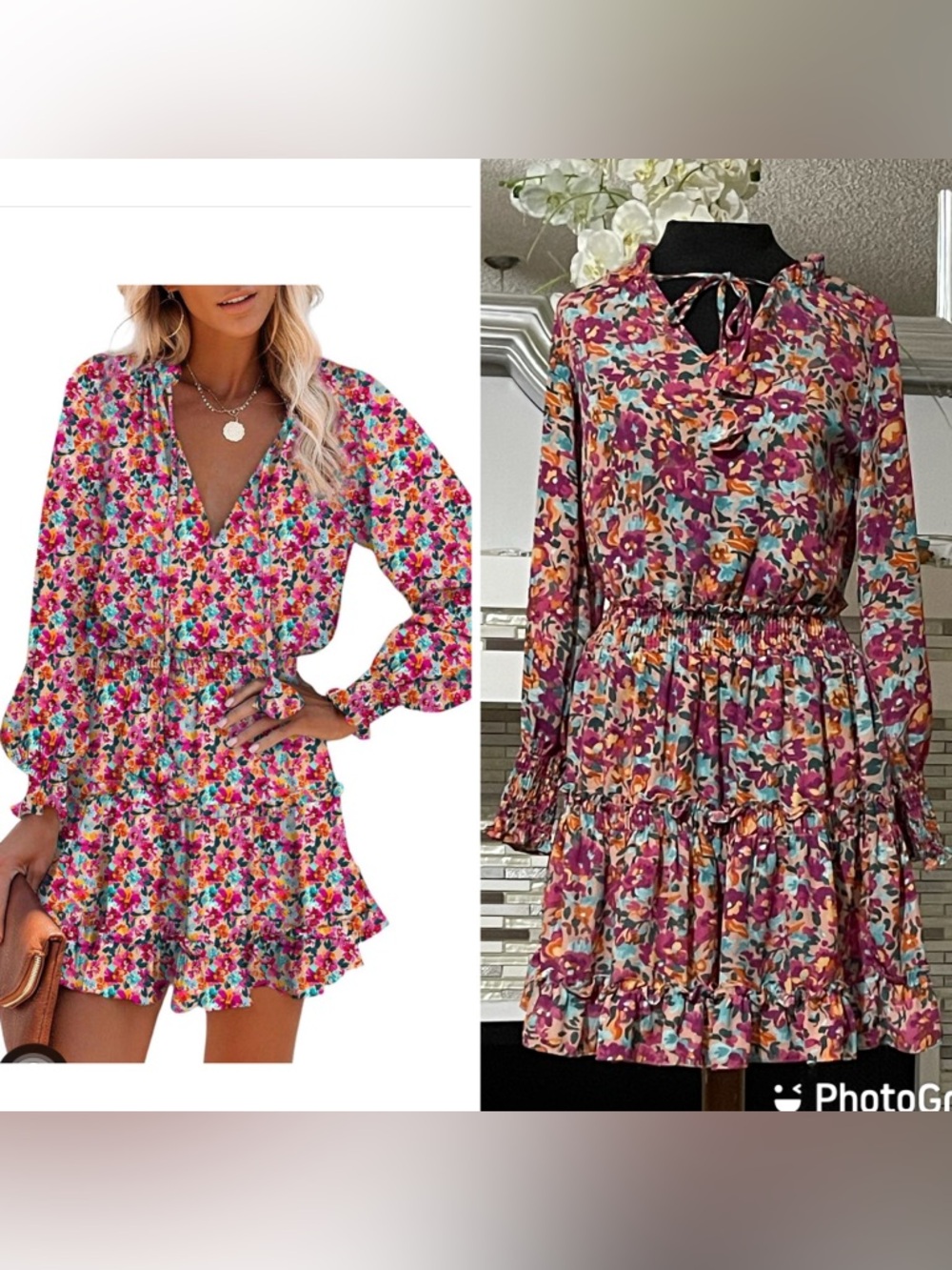 2025 Dokotoo Floral Ruffle Long-Sleeve Tiered Mini Dress size S